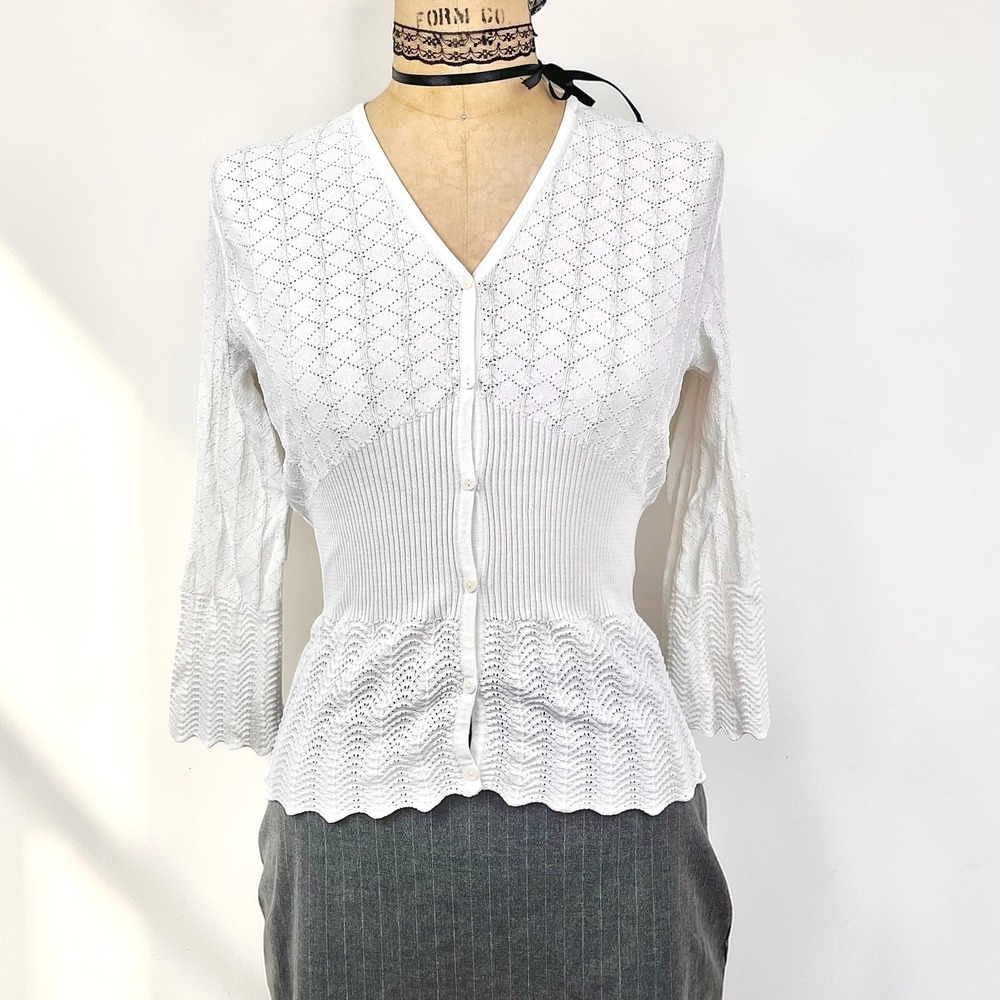 Pointelle Knit Cardigan V-Neck Button Front Women S Coquette Ethereal Romantic